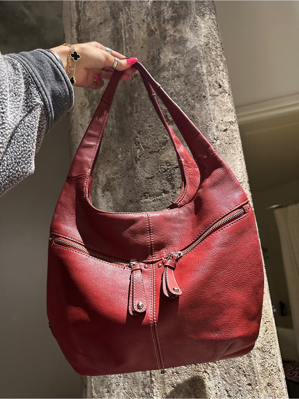 Tignanello Deep Red Leather Hobo Shoulder Bag